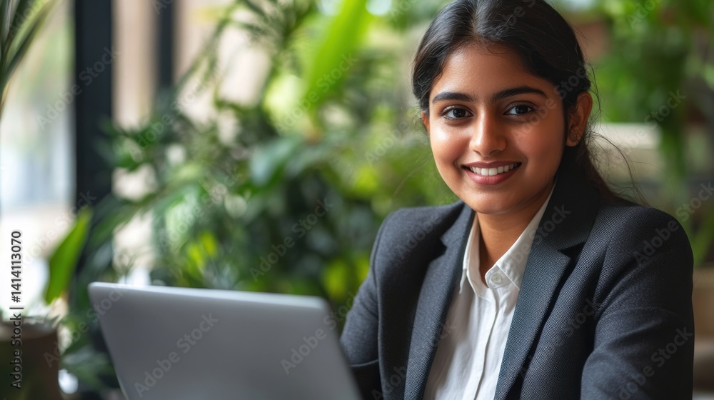 Confident Young Businesswoman Working on Laptop in Cafe Confident Young Businesswoman Working on Laptop in Cafe