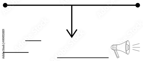 A horizontal line with an arrow pointing downward toward a megaphone symbolizing message distribution. Ideal for teamwork, communication, marketing, strategy, leadership, organization