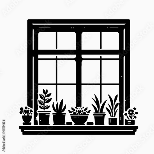  very simple flat and single minimalist Window Sill Silhouettes in black on a white background 