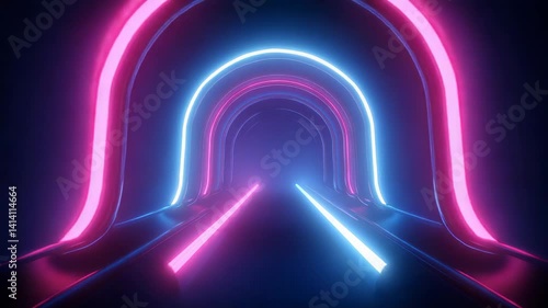 seamless loop of glowing neon tubes forming infinite tunnel with smooth camera movement. Electric blue and pink colors with atmospheric haze.