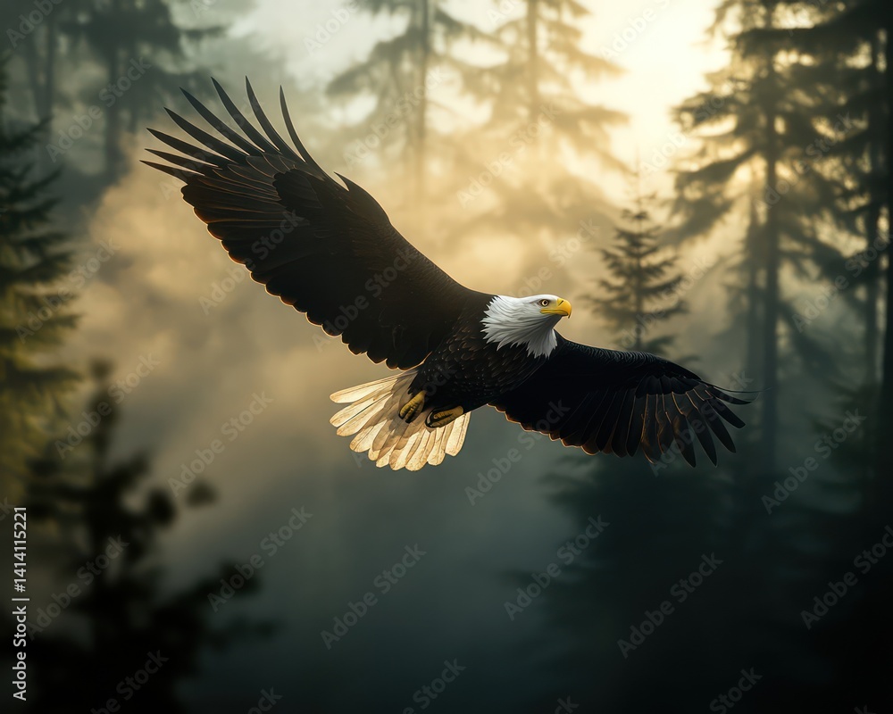 Obraz premium Eagle soaring misty forest