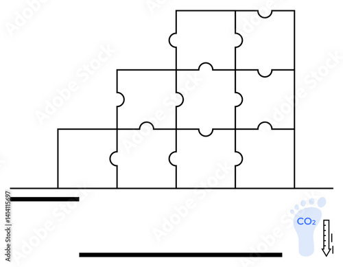Puzzle blocks forming pyramid structure with CO2 footprint symbol and downward arrow. Ideal for teamwork, strategy, sustainability, efficiency, carbon reduction, environmental responsibility, flat