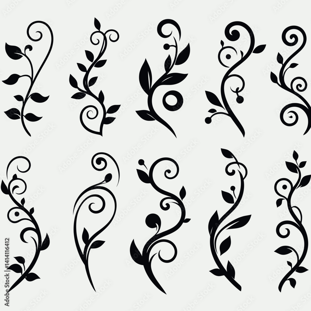 very simple flat and single minimalist Vine Twist Silhouettes in black on a white background very simple flat and single minimalist Vine Twist Silhouettes in black on a white background