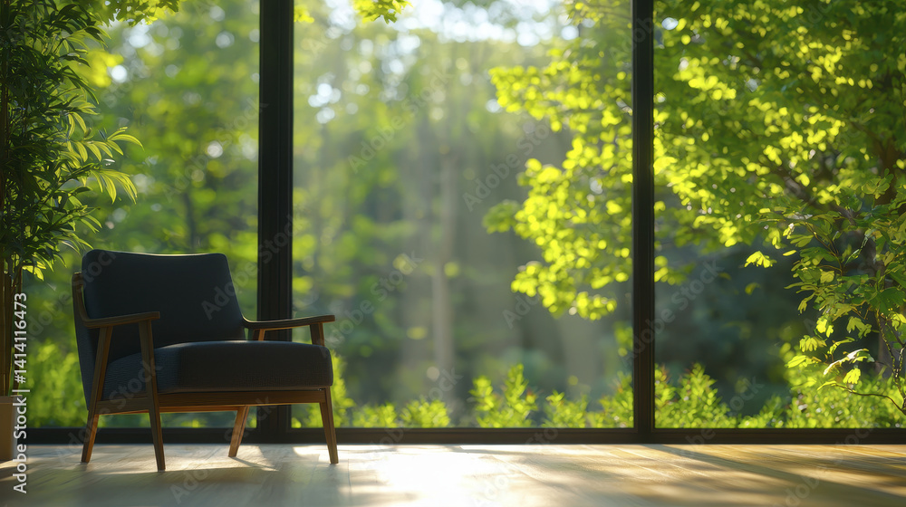 Naklejka premium Cozy reading nook with inviting armchair and lush greenery outside