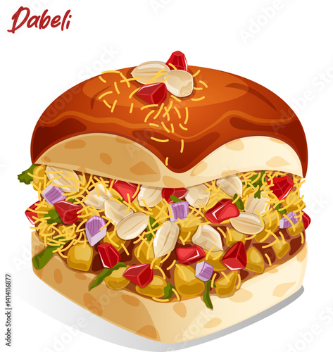 Popular Gujarati Kutchi Dabeli Isolated Detailed Illustration. Potato Masala, Onions, Pomegranate and Sev Stuffed in Pav Bun. Indian Savoury Street Snack