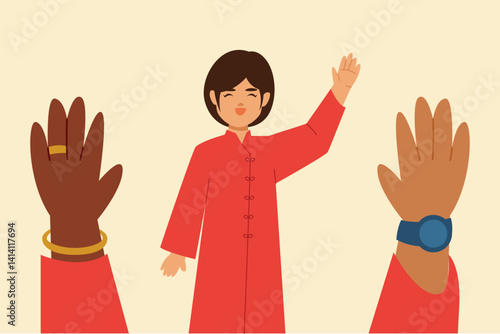 A child in a red traditional outfit waves to the audience while being applauded by family members.