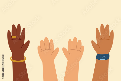 Diverse hands raised side by side, symbolizing unity, equality, and family support.