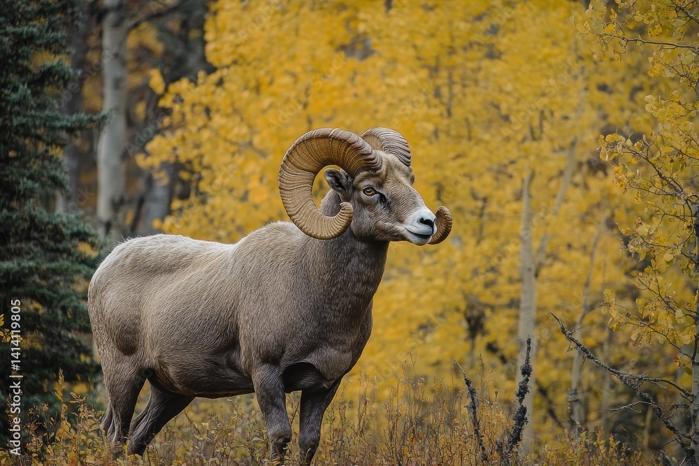 Naklejka premium A bighorn sheep stands majestically amidst vibrant autumn foliage in a natural outdoor setting scene view