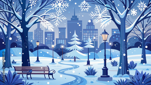Snowflakes gently fall on a silent winter park, everything blanketed in pure white.