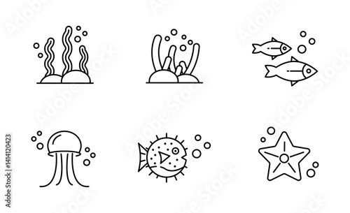Set of Underwater icon, Sea life, Seaweed, Coral Symbol Outline icon, Editable Stroke