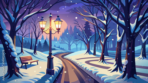 A glowing lamppost lights a snow-covered path in a serene and peaceful winter park.