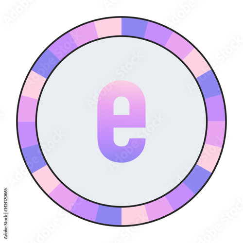 lowercase Stylized Letter e in Purple-Pink Gradient with Pastel Pink-Blue Ring on Dark Background, enclosed in a black frame.