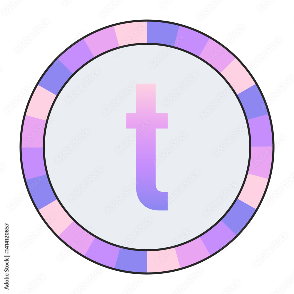 Obraz premium lowercase Stylized Letter t in Purple-Pink Gradient with Pastel Pink-Blue Ring on Dark Background, enclosed in a black frame.