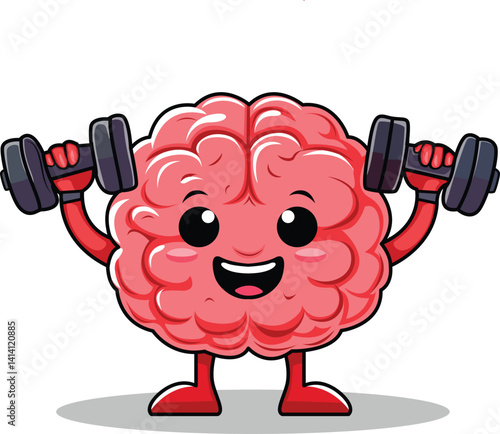 A cartoon illustration mascot vector of a brain lifting dumbbells, symbolizing mental fitness and exercise