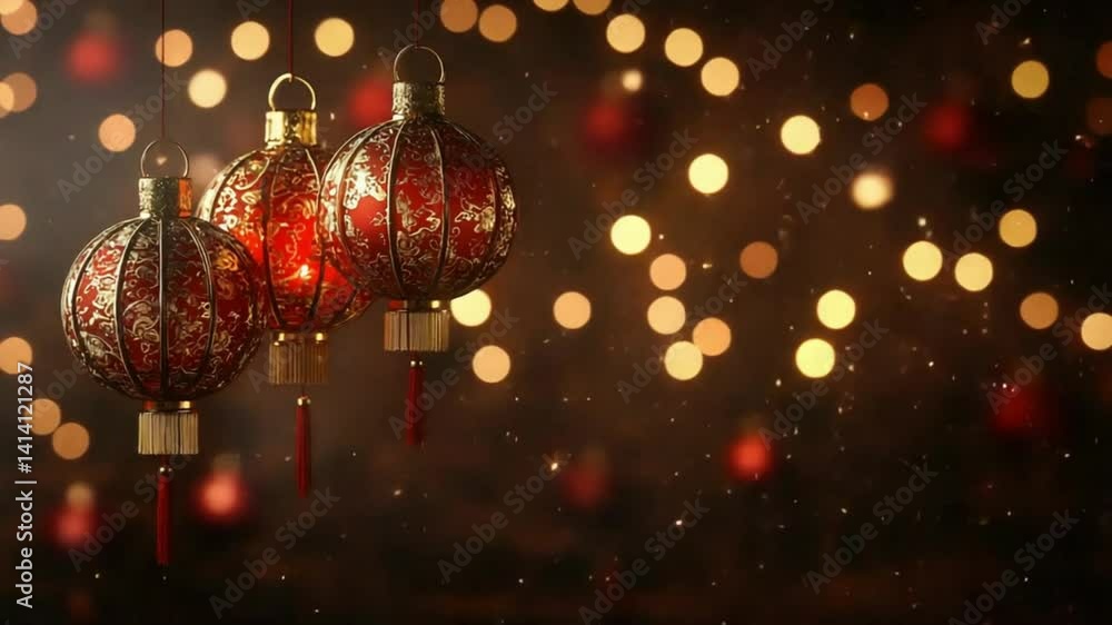 Glowing Chinese lanterns with sparkling golden bokeh in a festive night celebration scene Glowing Chinese lanterns with sparkling golden bokeh in a festive night celebration scene