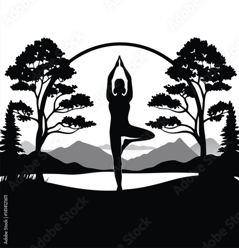 Silhouette of Woman Practicing Yoga Tree Pose in Nature