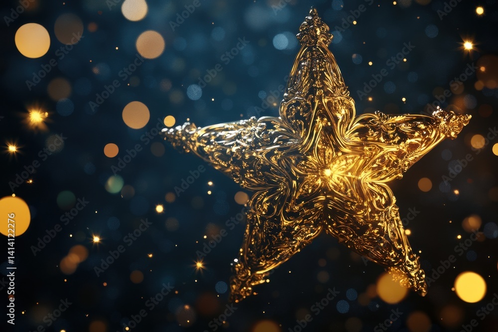 A golden star ornament with bokeh lights on a dark blue background creates a festive atmosphere image A golden star ornament with bokeh lights on a dark blue background creates a festive atmosphere image