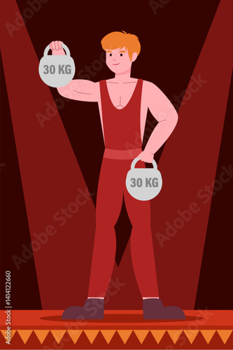 A muscular strongman lifts two heavy 30 kg kettlebells under a spotlight in a circus performance.