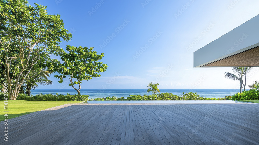 Fototapeta premium Modern beachfront villa with ocean view, lush greenery, and serene atmosphere