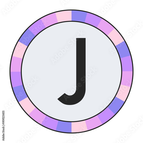 Modern Monogram CAPITAL Letter J in Black with Soft Pastel Pink and Blue Circular Frame on Light Gray, enclosed in a black frame.