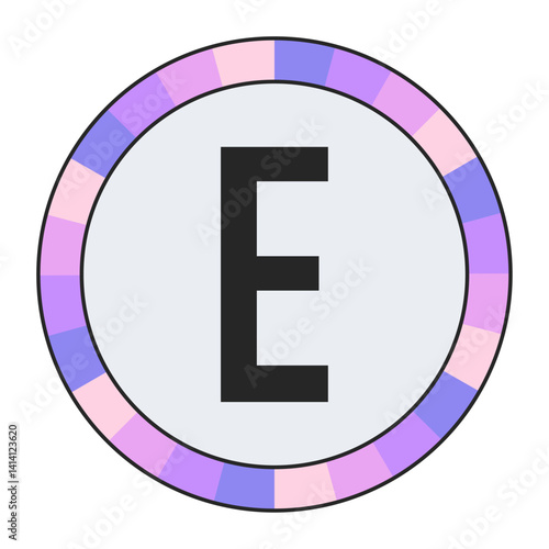Modern Monogram CAPITAL Letter E in Black with Soft Pastel Pink and Blue Circular Frame on Light Gray, enclosed in a black frame.
