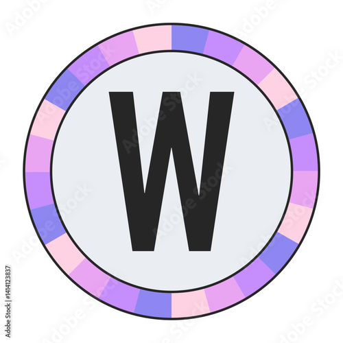Modern Monogram CAPITAL Letter W in Black with Soft Pastel Pink and Blue Circular Frame on Light Gray, enclosed in a black frame.