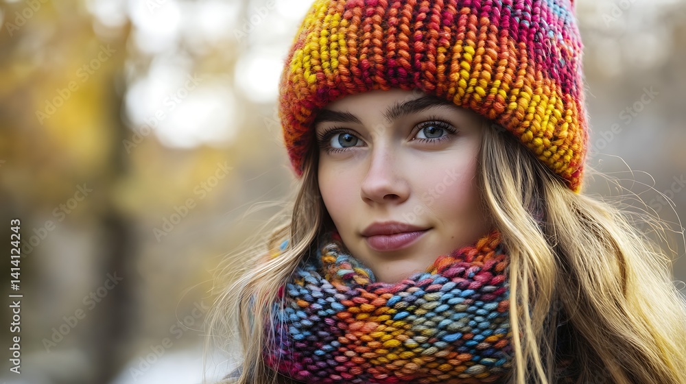 Autumn Portrait of a Young Woman in a Colorful Knitted Hat and Scarf Autumn Portrait of a Young Woman in a Colorful Knitted Hat and Scarf