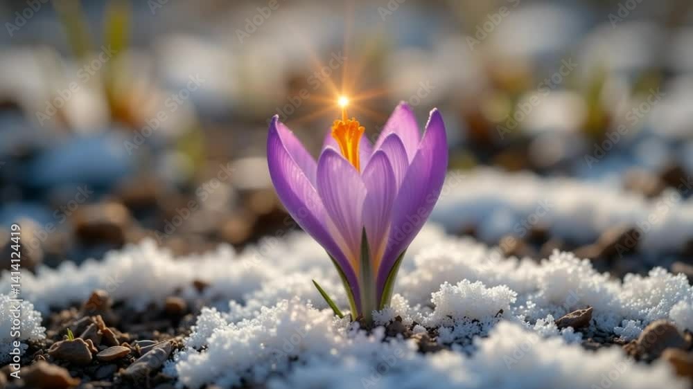 Blooming Crocus Flower Emerging Through Snow in Early Spring Sunlight Blooming Crocus Flower Emerging Through Snow in Early Spring Sunlight