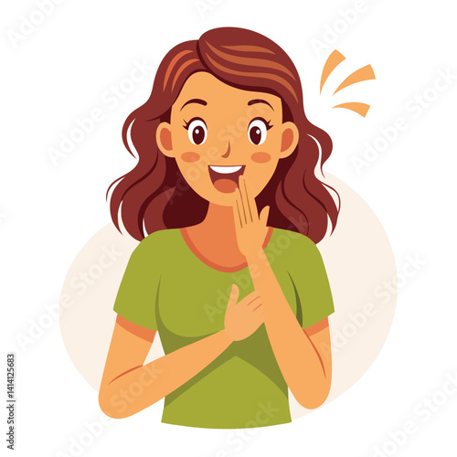 happy woman tells secret by putting palm to mouth