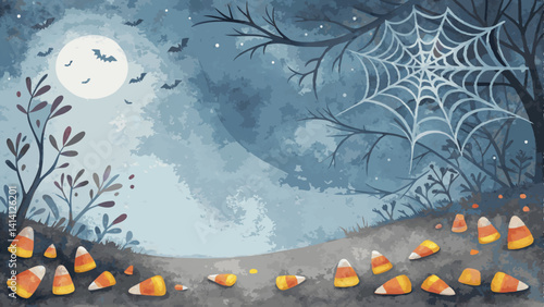 Halloween-themed watercolor texture in twilight blue and shadowy gray with candy corn and cobwebs, whimsical spooky backdrop with copy space  