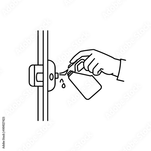 Hand applying lubricant to door lock in minimalist outline style  