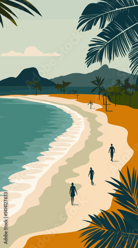 Art Deco Style WPA Poster of Praia da Joaquina, Florianopolis Beachscape, Brazil