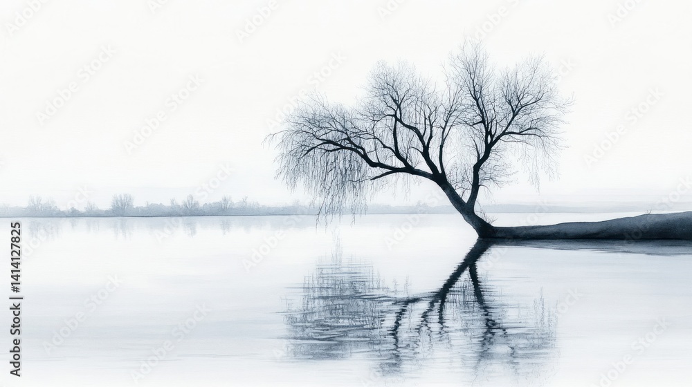 Fototapeta premium Solitary Tree by the Still Waters: A Monochromatic Landscape