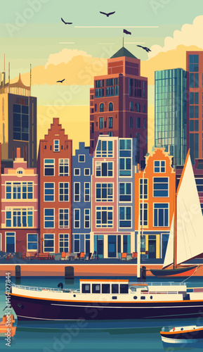 Retro Rotterdam Travel Poster with Traditional Buildings and Sailboats