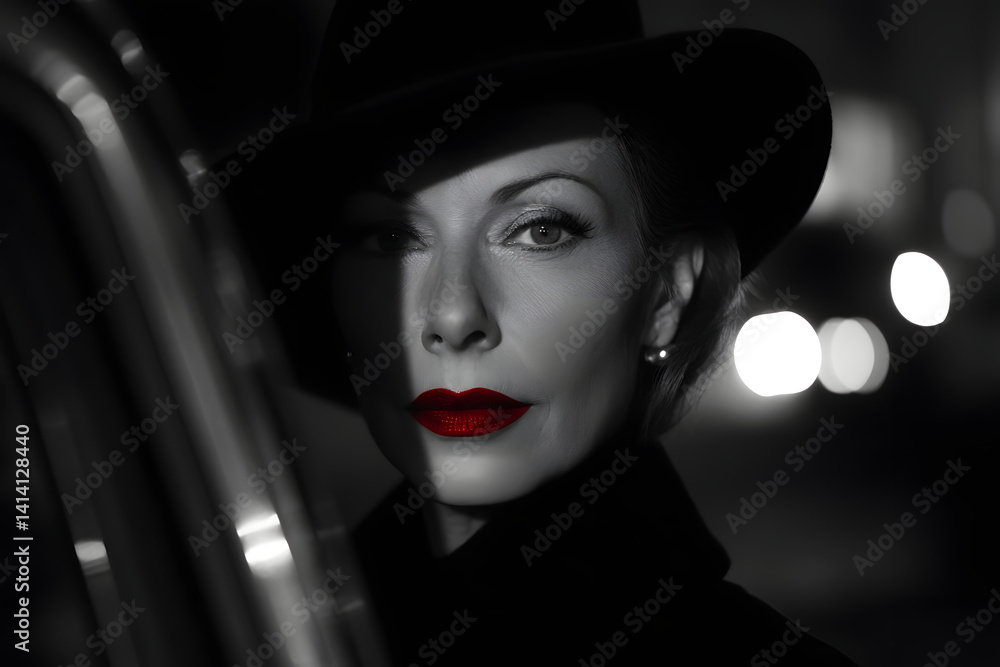 A woman exuding confidence, beautifully framed in shadows with striking red lips.
