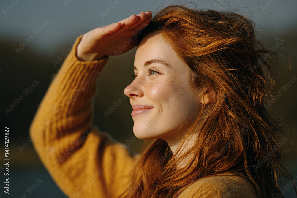 Obraz premium Side profile of a young woman with long, red hair, wearing a mustard-yellow sweater, shielding her eyes from the sun. The image evokes feelings of warmth, optimism and freedom