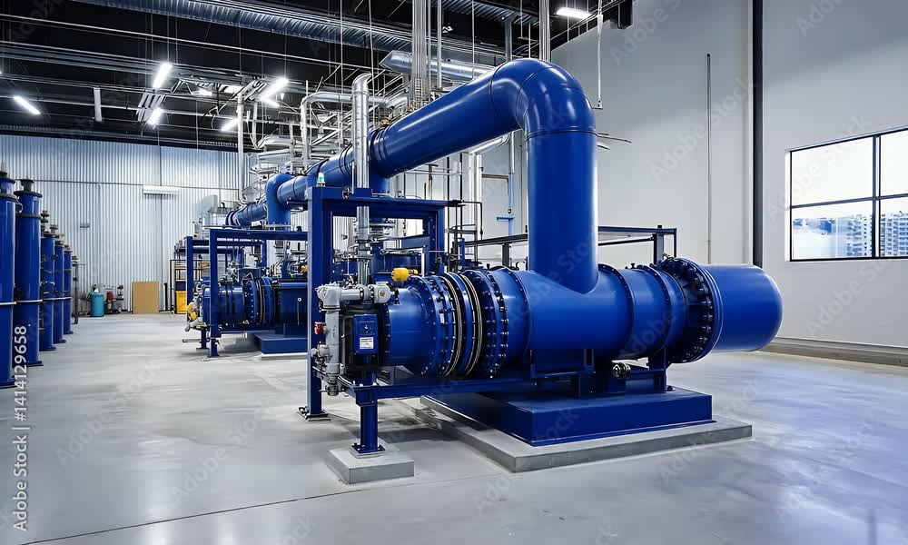 Modern industrial facility with large blue pipeline system and pumps. Clean interior showcasing advanced engineering and mechanical infrastructure. Modern industrial facility with large blue pipeline system and pumps. Clean interior showcasing advanced engineering and mechanical infrastructure.