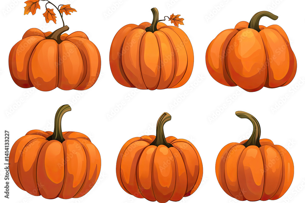 six stylized pumpkins each with a slightly different shape and stem showcasing vibrant orange hues these pumpkins are ideal for autumn-themed designs decorations or seasonal illustrations six stylized pumpkins each with a slightly different shape and stem showcasing vibrant orange hues these pumpkins are ideal for autumn-themed designs decorations or seasonal illustrations