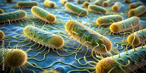 Close-up of Pseudomonas aeruginosa bacteria exhibiting flagella, embedded in a matrix of extracellular polymeric substances (EPS) forming a biofilm, Pseudomonas aeruginosa, microbial mats