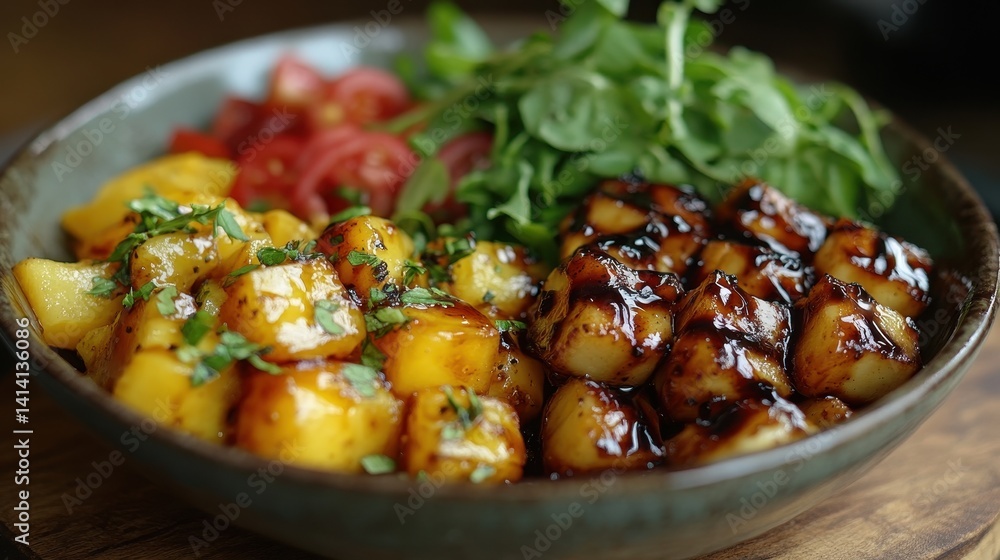 Roasted potatoes, mango salsa, and greens in a bowl. Roasted potatoes, mango salsa, and greens in a bowl.