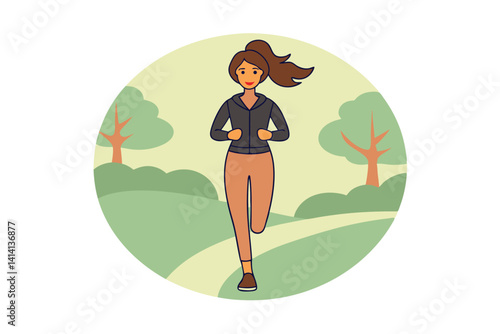 Woman Jogging In Park Flat Vector Illustration Healthy Lifestyle Outdoors
