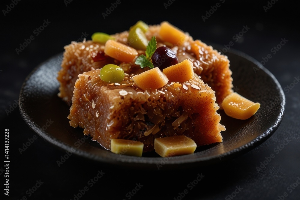 A focused business-style image of delicious-looking dessert against a black background. A focused business-style image of delicious-looking dessert against a black background.