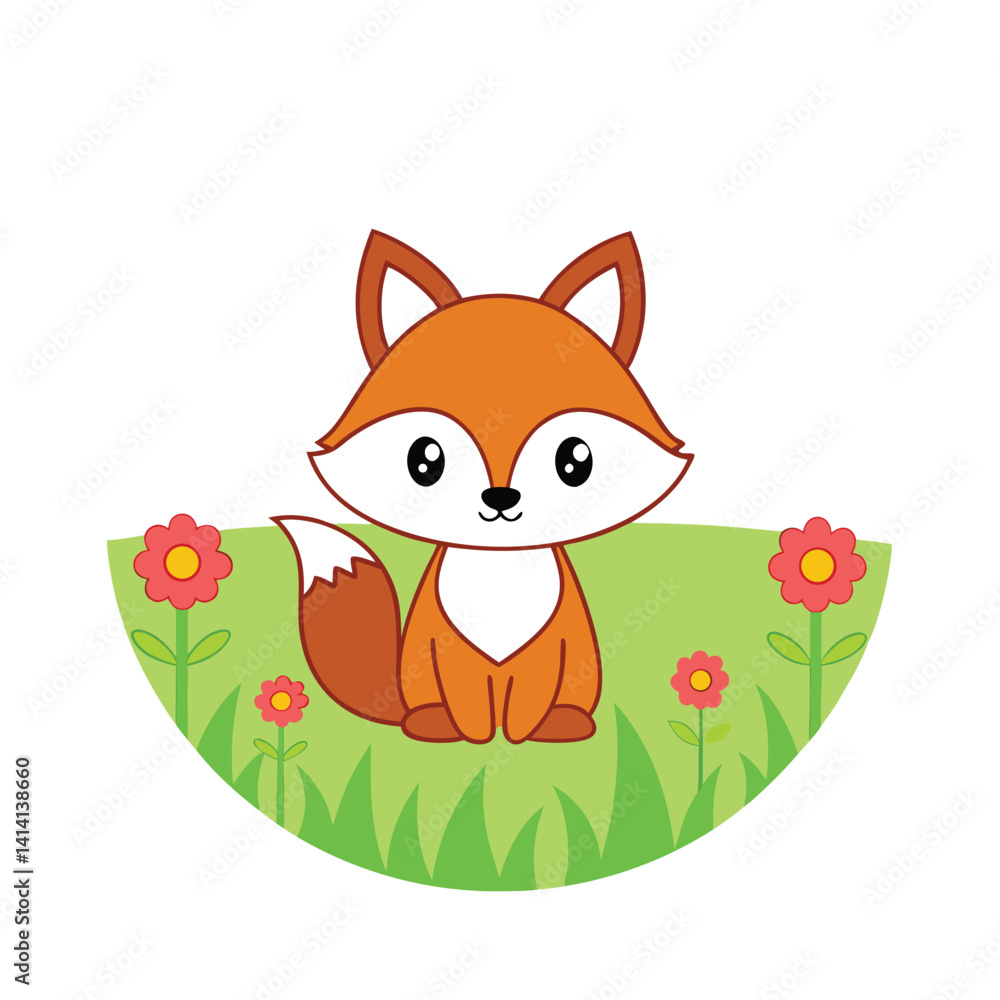 Obraz premium Adorable Cartoon Fox Sitting In A Flower Garden Illustration Design