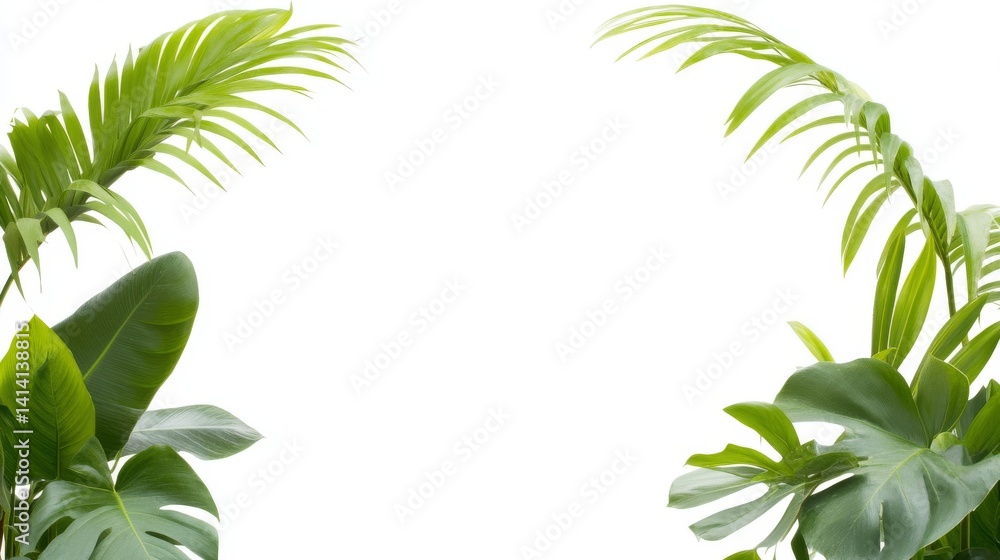 Naklejka premium Modern Curved Window Frame with Tropical Greenery and Rainy Background