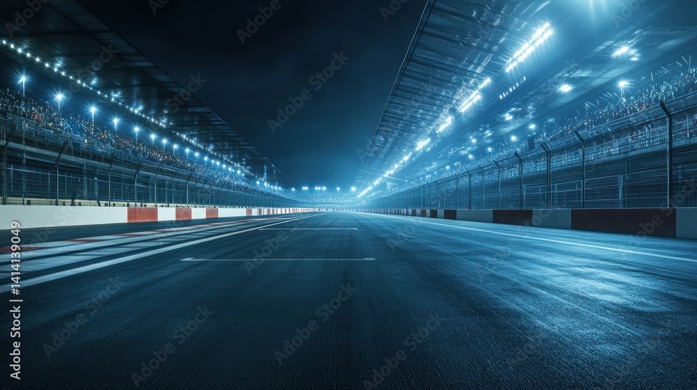 Empty racing track at night under bright lights Empty racing track at night under bright lights