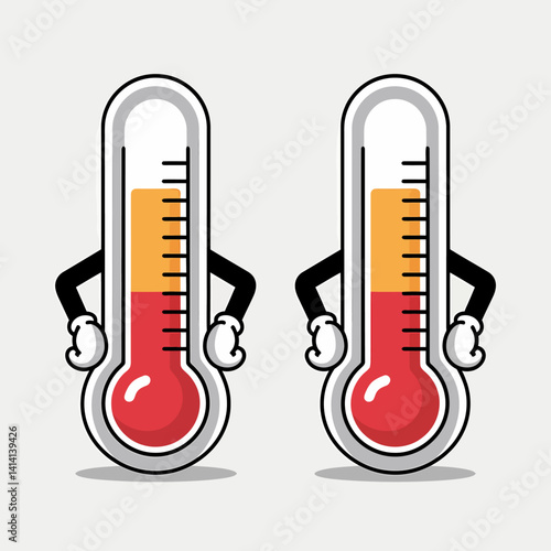 Two cartoon thermometer characters showing rising temperature levels