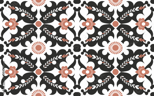 Floral medallion vector pattern in black and peach color palette.
