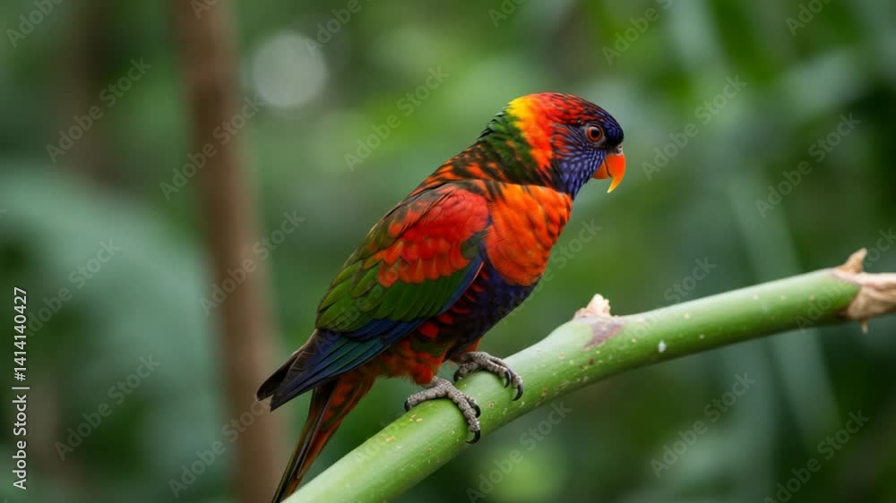 鮮やか虹色羽根 緑枝止まる 小鳥 鮮やか虹色羽根 緑枝止まる 小鳥