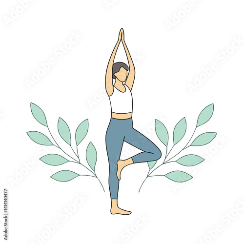 Woman Performing Tree Pose Yoga With Botanical Elements Decoration Illustration