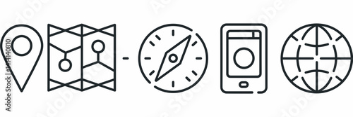 Navigation and location vector icons in line and solid style – Great for travel apps, map UI design, or wayfinding illustrations.